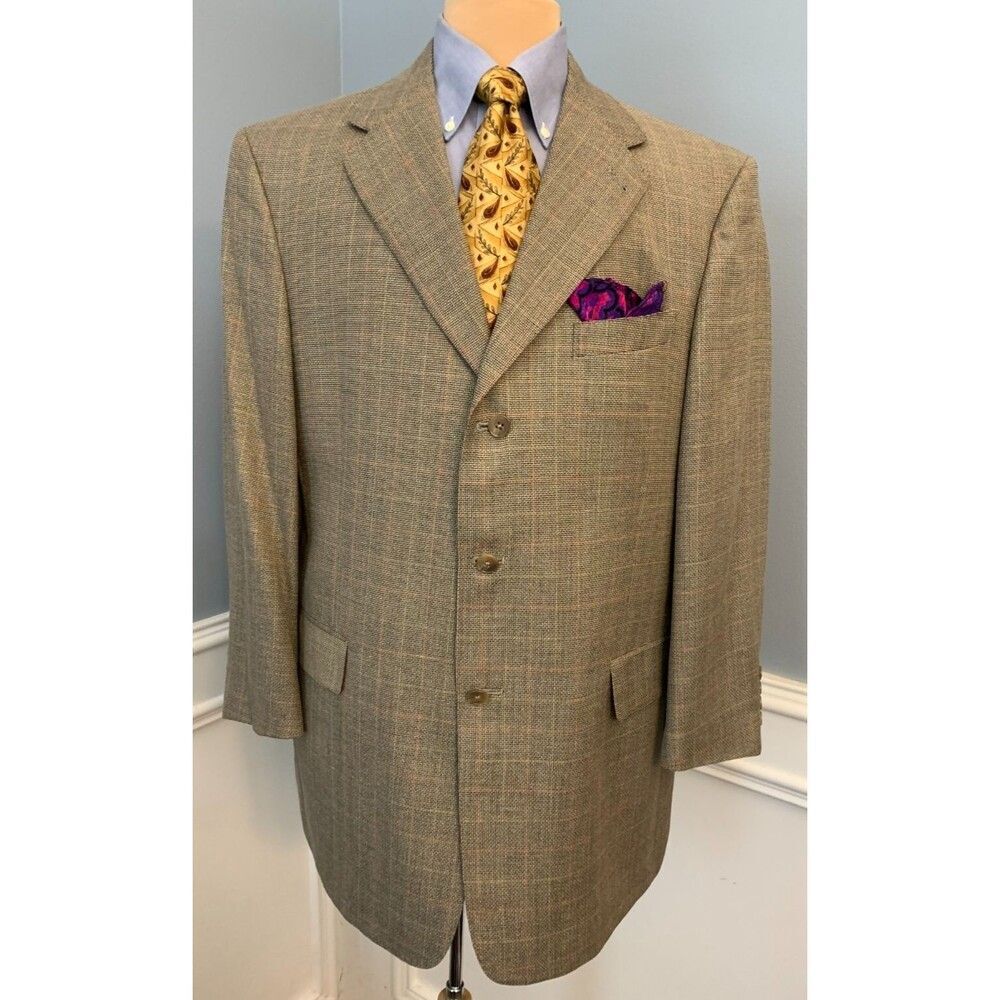Hart Schaffner Marx Silk Wool Blazer Mens 44R Plaid Twill Jacket Sportcoat